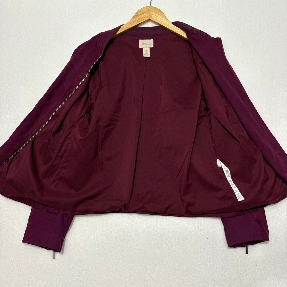 Chicos Faux Suede Mixed Media Moto Bomber Jacket Plum Purple Size 1 M - Picture 6 of 8